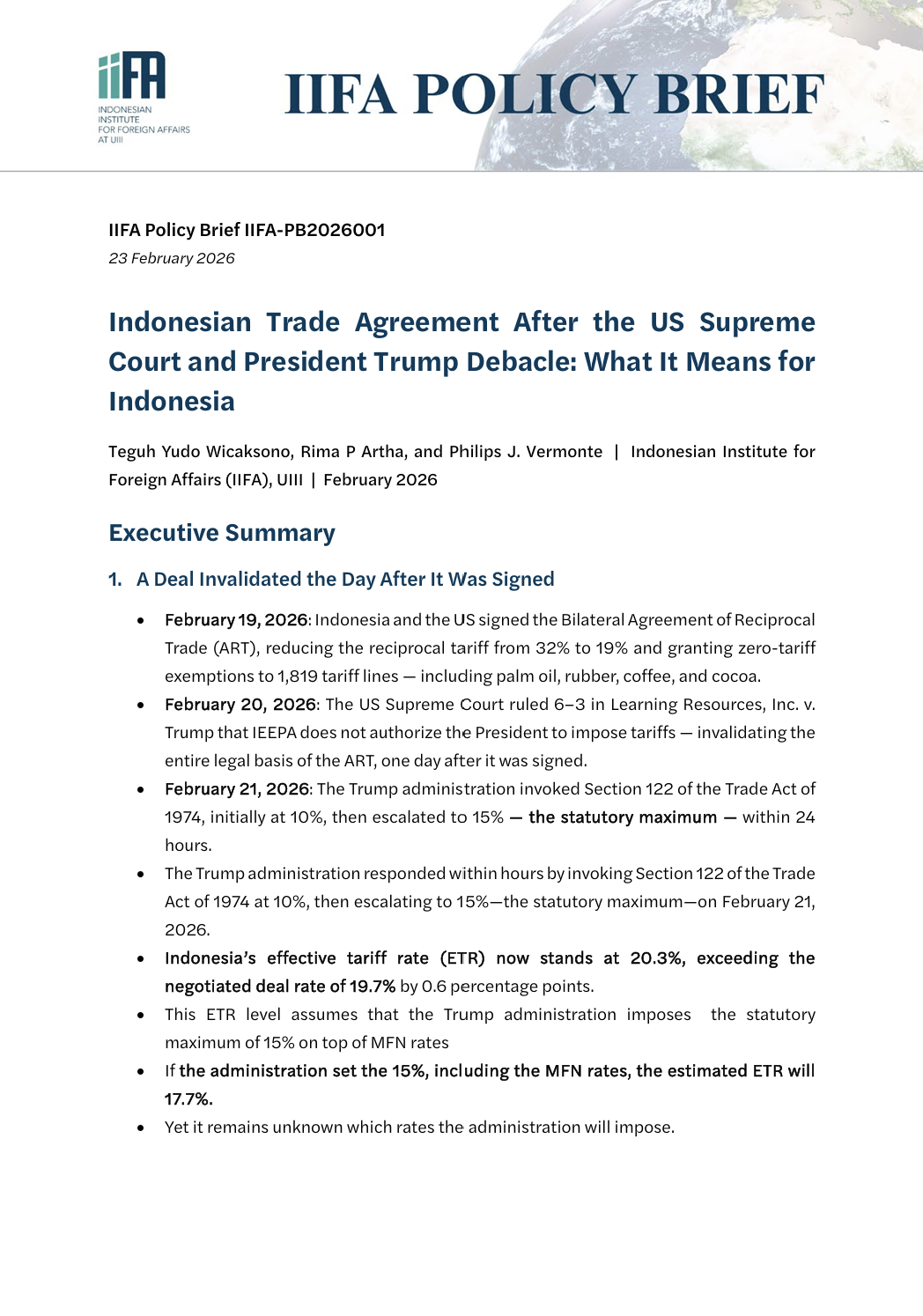 IIFA Policy Brief on Indonesia Trade Agreement with the US